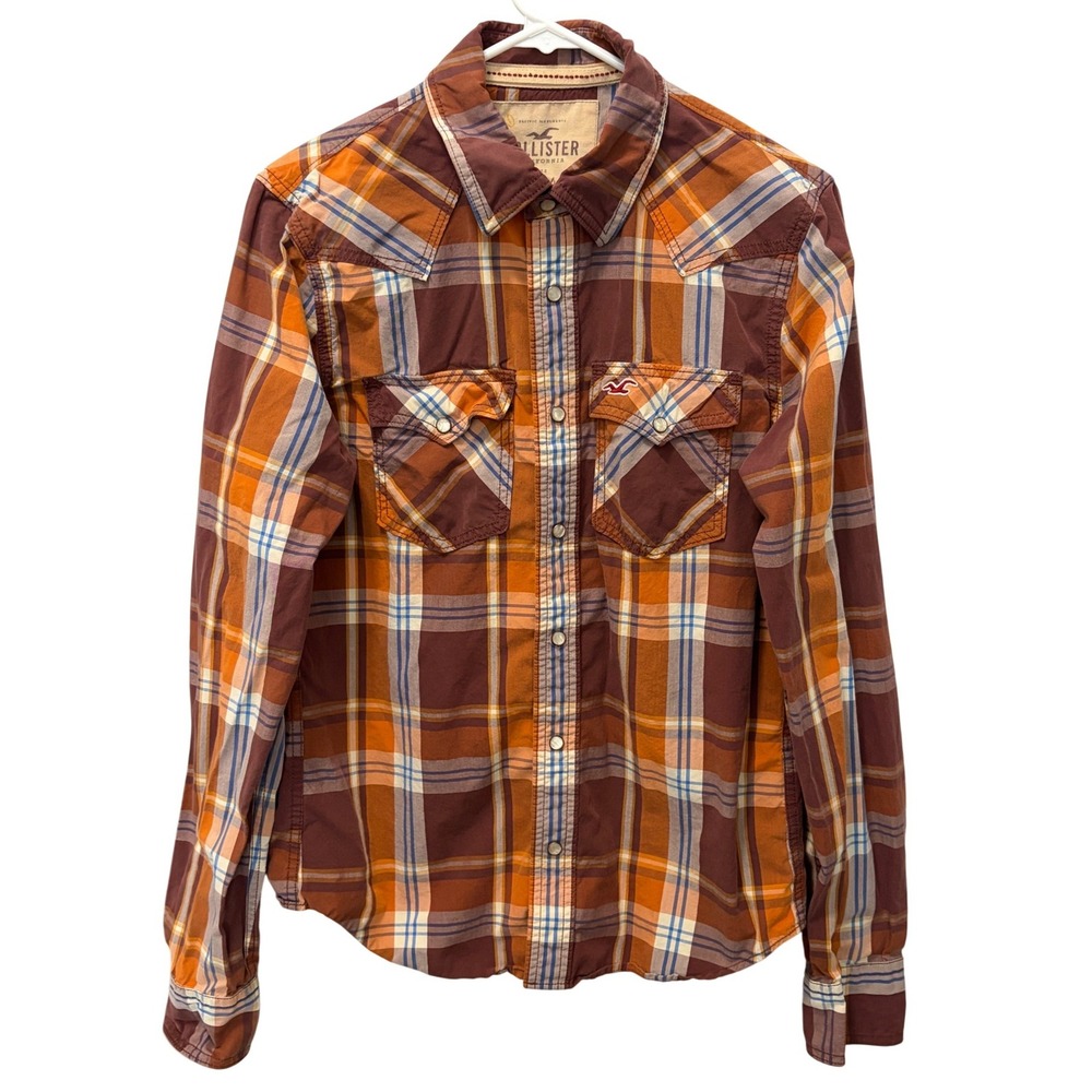 Hollister Brown Plaid Pearly Snap Up Long Sleeve Shirt Men's Size Medium